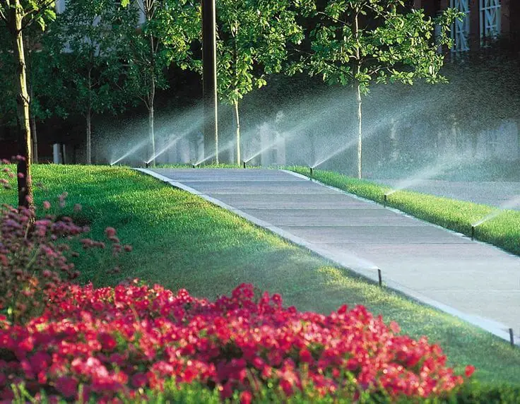 Sprinklers watering landscaped property